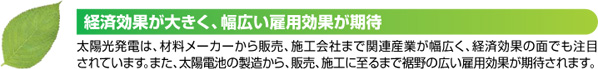 経済が大きく、幅広い雇用効果が期待 太陽光発電は、材料メーカーから販売、施工会社まで関連産業が広く、経済効果の面でも注目されています。また、太陽電池の製造から、販売、施工に至るまで裾野の広い雇用効果が期待されます。